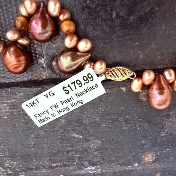 14K Gold Keshi Freshwater Pearl Necklace Maroon Brown Tones FW Pearls - Picture 3 of 5